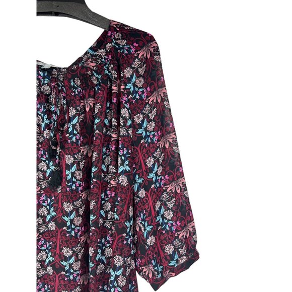 Daniel Rainn Womens Floral Print 3/4 Sleeve Blouse Size Extra Small Black & Burg - Picture 8 of 14